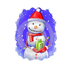 Snowman holding present in hands wearing red Santa`s hat, scarf and mittens. Merry Christmas and Happy New Year greeting card
