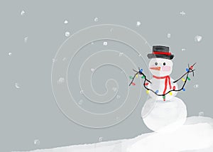 A snowman holds a Christmas string. As the snow falls, The snowman watercolor illustration.