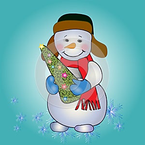 Snowman holds a Christmas tree with lights.