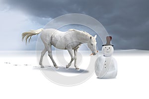 The snowman and the horse in a winter landscape.
