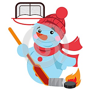 Snowman ice hockey at the gate, a member of the hockey team, a character in a cartoon style