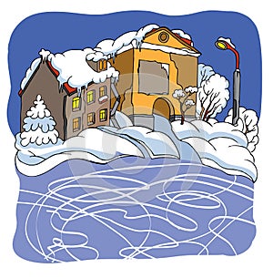 Snowman on ice rink, christmas illustration