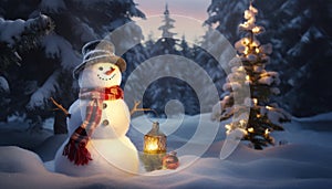 Snowman Illuminated by Candlelight in a Nighttime Winter Forest - Enchanted Woodland - Generative AI