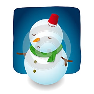 Snowman illustration character design is sad with red hat bucket, carrot nose and green scarf on night