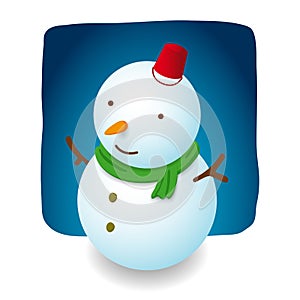 Snowman illustration character design is smile with red hat bucket, carrot nose and green scarf on night