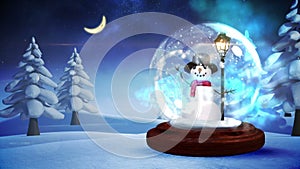 Snowman inside snow globe with magic lights