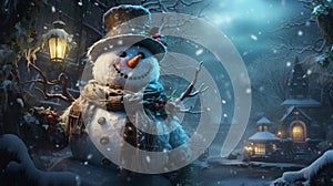 cute snowman inthe winter wallpaper for christmas festivel card by Generative AI photo