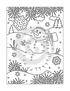 Snowman join the dots puzzle and coloring page