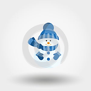 Snowman in a knitted hat, scarf and mittens. Icon. Vector. Flat.