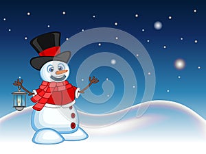 Snowman with lantern wearing a hat, red Sweater and a red scarf with star, sky and snow hill background for your design Vector Ill