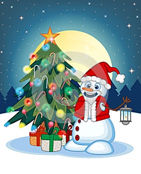 Snowman With A Lantern And Wearing A Santa Claus costume With Christmas Tree And Full Moon At Night Background For Your Design Vec