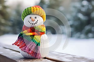 Snowman with the lgbt rainbow colors in a winter Christmas scene with snow, pine trees and warm light. Merry Christmas background