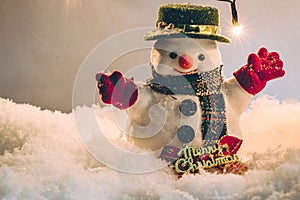 Snowman and light bulb stand among pile of snow at silent night, light up the hopefulness and happiness in Merry christmas and hap