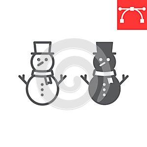 Snowman line and glyph icon, merry christmas and xmas, snowman sign vector graphics, editable stroke linear icon, eps 10