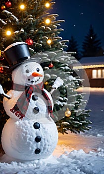 A Snowman Beside A Lit-Up Christmas Tree. Night. Snowy Weather. Front Sho. Generative AI