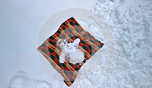 a snowman lying with arms outstretched on his back on a blanket and sunbathing.