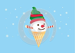 Snowman made of ice ream cone and dessert.