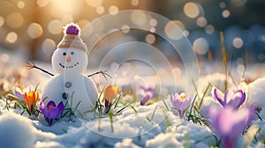 Snowman on a meadow with grass and spring flowers growing.