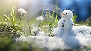 Snowman on a meadow with grass and spring flowers growing through the melting snow.