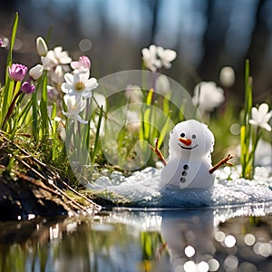 Snowman on a meadow with grass and spring flowers growing through the melting snow.