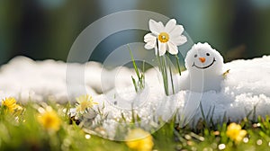 Snowman on a meadow with grass and spring flowers growing through the melting snow.