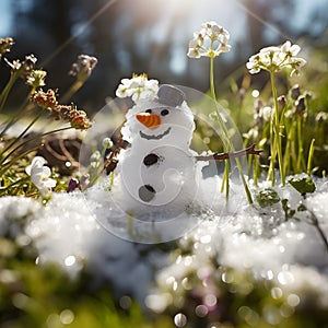 Snowman on a meadow with grass and spring flowers growing through the melting snow.