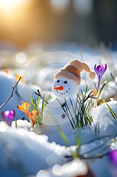 Snowman on a meadow with grass and spring flowers growing through the melting snow.