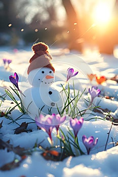 Snowman on a meadow with grass and spring flowers growing through the melting snow.