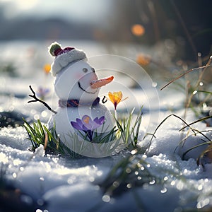 Snowman on a meadow with grass and spring flowers growing through the melting snow.