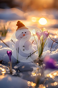 Snowman on a meadow with grass and spring flowers growing through the melting snow.