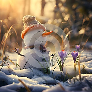 Snowman on a meadow with grass and spring flowers growing through the melting snow.