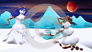 Snowman meets Snowgirl under red moon