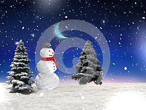 Snowman and  moon on starry sky winter snowy weather fairy night festive  Christmas tree  blue nature landscape background  greeti