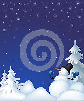 Snowman in a night winter forest