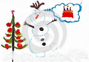 Snowman Olaf, christmas tree and cake with candles, child drawing