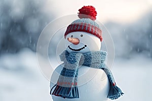 Snowman with orange nose, blue scarf, red and blue woolly hat.