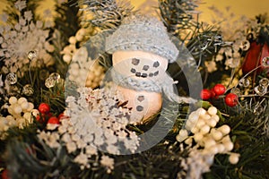 Snowman Ornament with Blue Knit Hat and Scarf