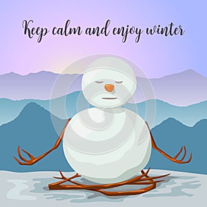 Snowman peaceful and relaxed. yoga lotus posture. Sunrise in winter mountains