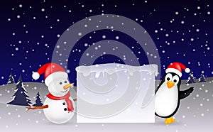 Snowman and penguin Christmas with blank sign