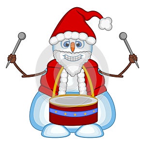 Snowman playing drums wearing a Santa Claus costume for your design Vector Illustration