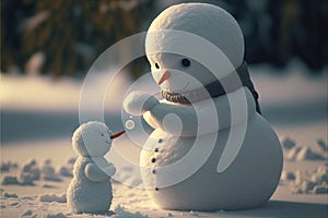 Snowman playing with a smaller snowman in winter