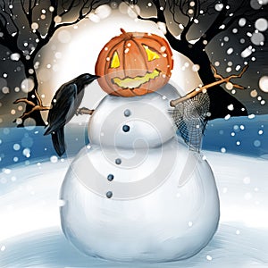 Snowman with pumpkin head