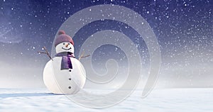 Snowman with purple scarf and winter hat at snowy Christmas night