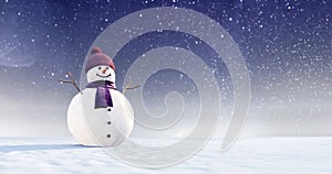 Muneco de nieve púrpura bufanda a un sombrero sobre el nevado noche 