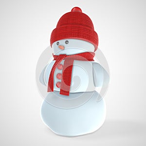 Snowman in red cap. 3d rendering illustration