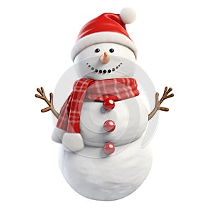 Snowman with a red hat isolated on a transparent background. Snowman with a red hat and scarf close-up. Winter design