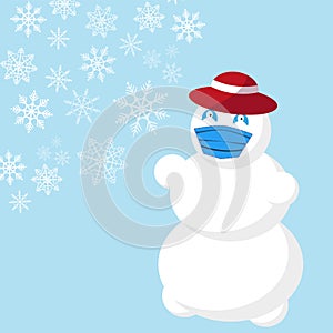 Snowman in a red hat and a medical face mask on a blue background with snowflakes
