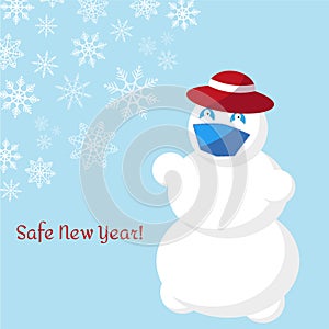 Snowman in a red hat and a medical face mask on a blue background with snowflakes and the inscription - Safe New Year
