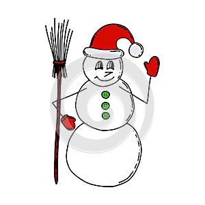 Snowman in a red hat and mittens with a broom. Color vector illustration