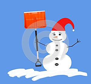 Snowman with red hat and shovel